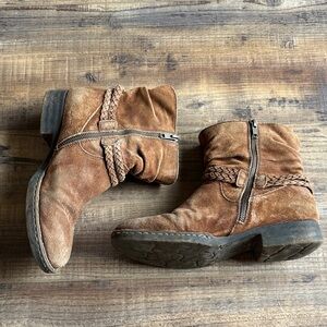 Born Tan Suede Ankle Boots with Braided Strap